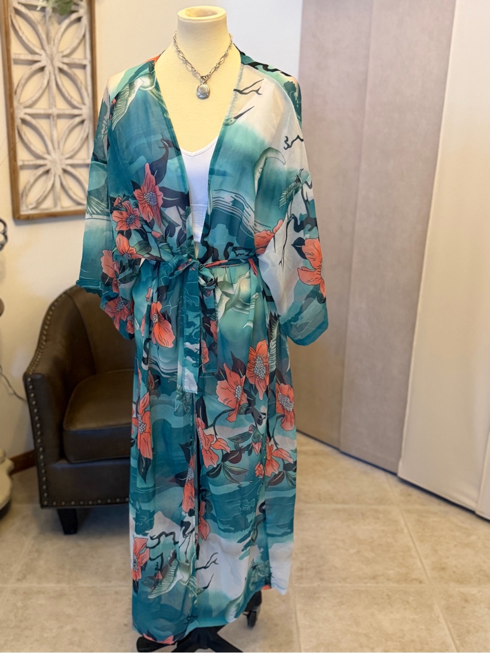 Teal and Coral Floral Sheer Kimono/Robe